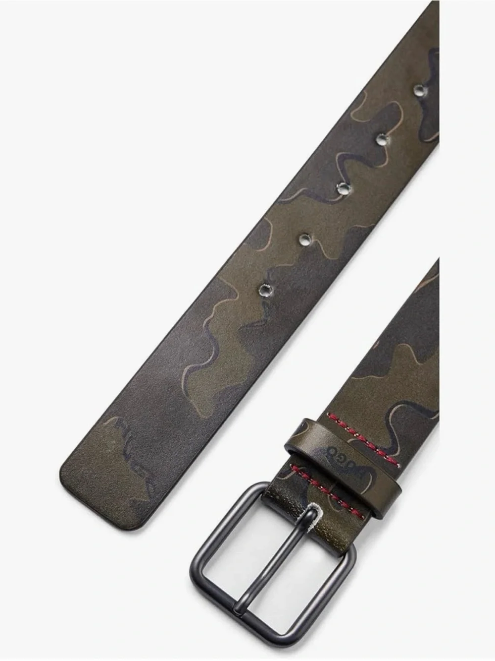 HUGO Brown Camouflage Leather Belt with Red Stitching